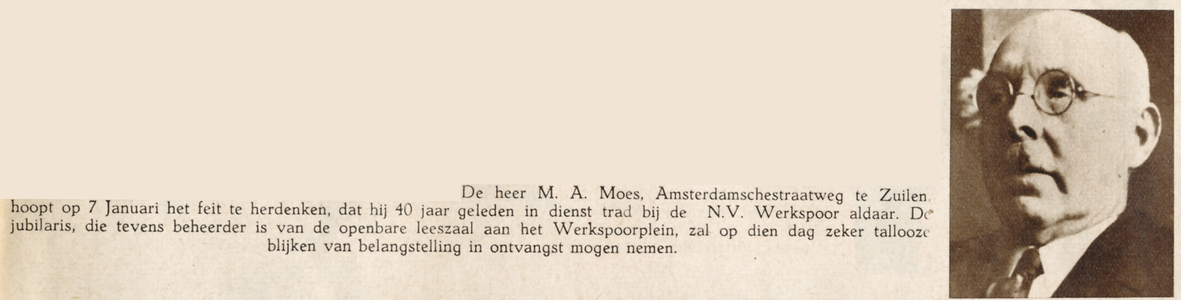 874562 Portret van M.A. Moes (Amsterdamsestraatweg) te Zuilen, die 40 jaar in dienst is bij de N.V. Werkspoor. De heer ...